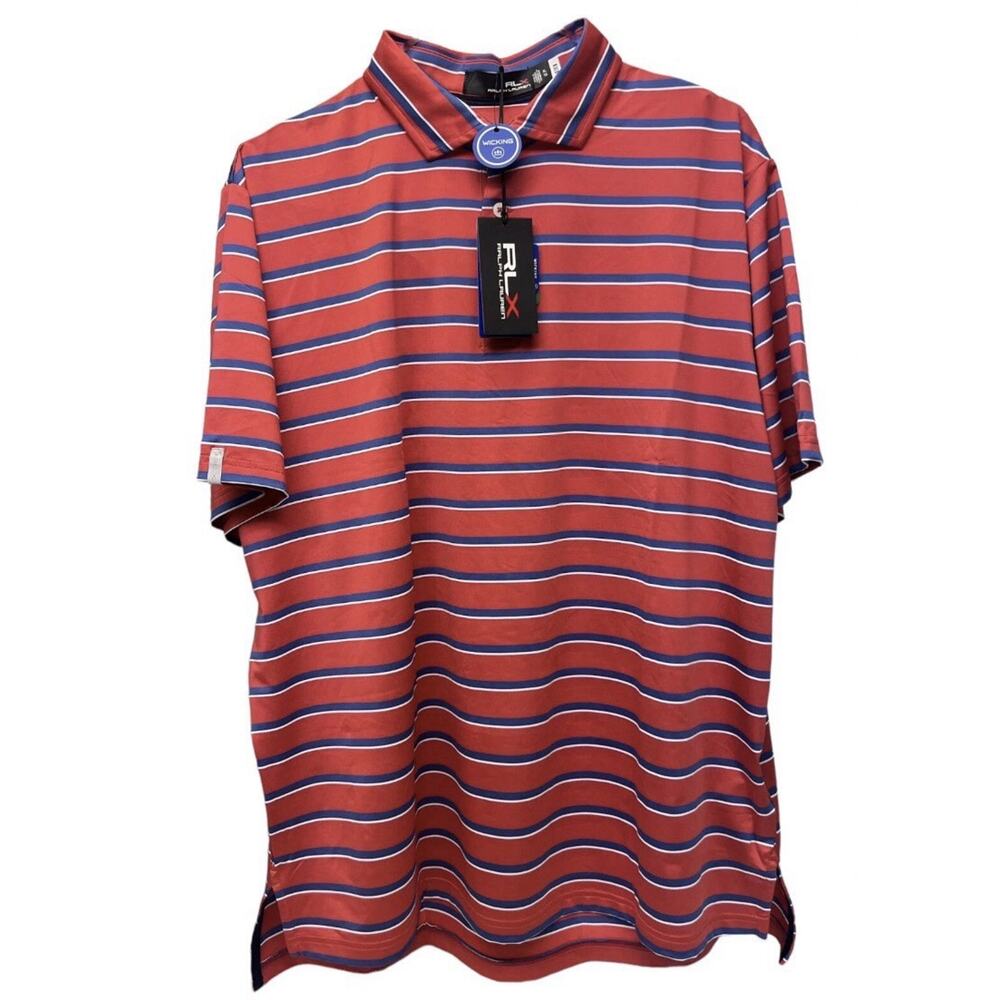 RLX Polo Ralph Lauren Red Blue White Striped Short Sleeve Wicking Shirt Mens M